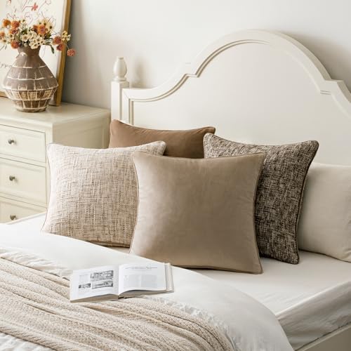 a moment Neutral Khaki Brown 4 Pack Throw Pillow Covers - Chenille & Velvet Set with Piping, Farmhouse Textured Design Pillow Cases for Couch Sofa Bed Livingroom (20x20 Inch, No Insert) - color: Neutral Khaki Brown, size: 20" x 20" (Pack of 4)
