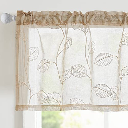 Topick Beige Sheer Leaf Curtain Kitchen Valance for Windows Leaf Embroidered Voile Small Curtain Valance Semi Sheer Farmhouse Curtain 16 Inch Rod Pocket 1 Panel Beige - color: Beige, size: 55"W x 16"L (Pack of 1)