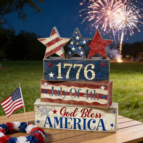 4th of July Table Decorations Patriotic Memorial Day Tiered Tray Decor Wooden Star Block Signs Independence Farmhouse 250th July Fouth Centerpiece for Tables Wooden Sign for Home Decor - style: July Fouth Star