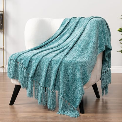 PAVILIA Chenille Throw Blanket, Knit Twin Size Tassel Throw, Teal 60x80 - color: Teal, size: 60 X 80 Inches - Twin