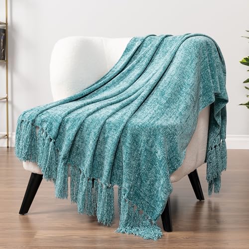 PAVILIA Chenille Throw Blanket Knit Sofa Couch Tassel Throw, Teal 50x60 - color: Teal, size: 50 X 60 Inches - Throw
