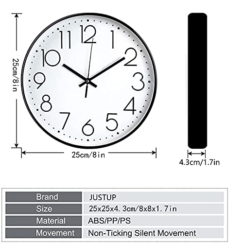 JUSTUP 8 Inch Modern Wall Clock, Silent Battery Operated Round Wall Clock - color: White