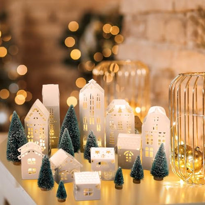 Chunful 20 Pack Christmas Village Houses Set with Light Paper Buildings