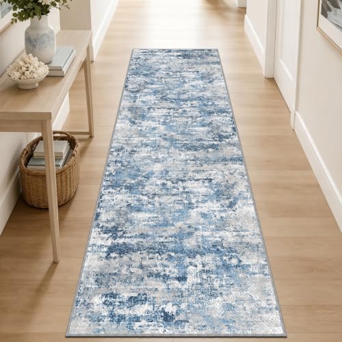 Modern Hallway Runner Rug 2x6, Textured Non Slip Carpet Runner, Ocean Blue - color: Abstract- Ocean Blue, size: 2' x 6' (Runner)