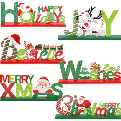 Hommtina 6 Pcs Table Decorations, Merry Tabletop Wooden Sign Indoor Decorations for Dinner Party Coffee Table - style: Christmas decoration