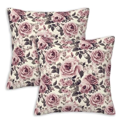 Dusty Rose Vintage Floral Throw Pillow Covers 18x18 Set of 2, Mauve Rose Botanical Decorative Cushion Covers, French Country Pillow Cases for Couch Sofa Bedroom Living Room Decor - color: Antique Rose