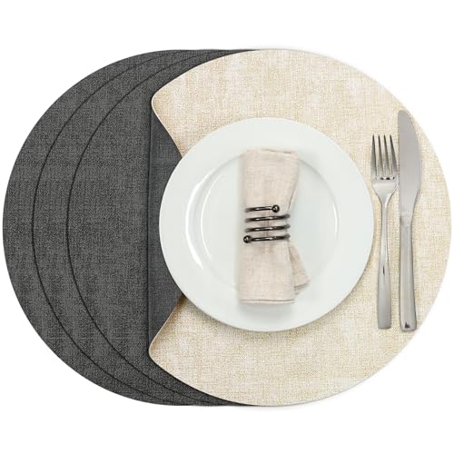Myir JUN 14" Round Placemats Set of 4, Reversible Dual-Color Place Mats - color: Gray Cream-white