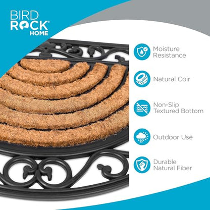 BIRDROCK HOME 18 x 30 Half Round Natural Coir and Rubber Doormat with Scroll Border | Natural Fibers | Outdoor Doormat | Keeps Your Floors Clean | Decorative Design | Brush Coir