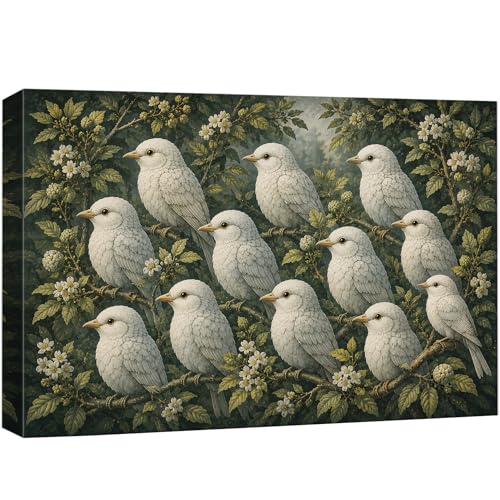 wall26 Canvas Print Wall Art White Birds in the Forest Dark Green Botanical and Animal Digital Art Realism Rustic Scenic Nature Photography Colorful for Living Room, Bedroom, Office - 12"x18" - color: A25-2605-M16, size: 18"L x 12"W