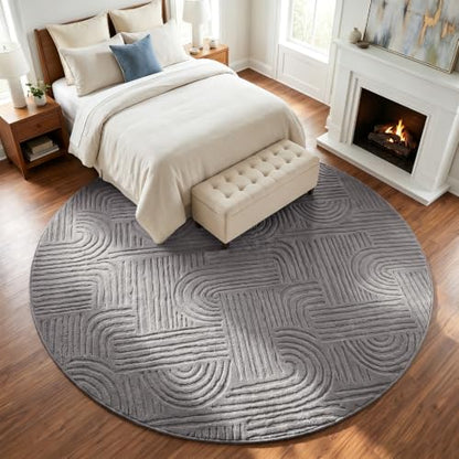 Etwel 6.5 ft Dark Gray Geometric Textured High-Low Pile Washable Round Rug - color: Dark Gray, size: 6'5"