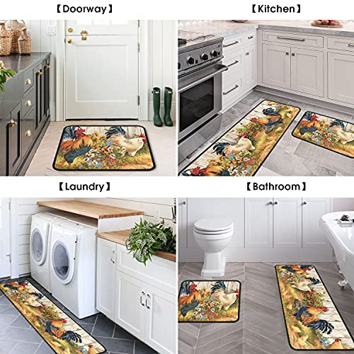 Rooster Kitchen Rugs and Mats Set of 2, Non Slip Washable Kitchen Runner Rug, Farmhouse Chicken Kitchen Floor Mats, Rustic Country Kitchen Rug Set for Sink, Laundry Room, 17"x30"+17"x47" - color: Rooster