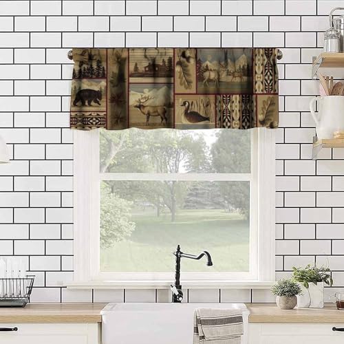 Rustic Moose Deer Valance, Country Lodge Cabin Retro Bear Farmhouse Camp Woodland Animal Print Blackout Short Window Treatment for Kitchen Bathroom Bedroom, 54x18inch - color: Deer-11