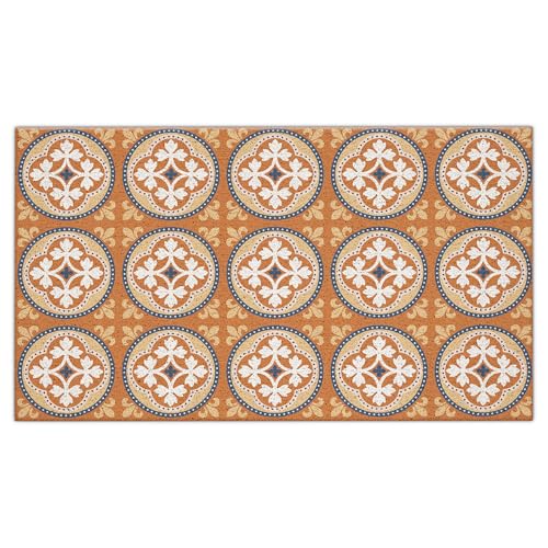 Jvpke Mediterranean Boho Door Mat, Vintage Spanish Tile Doormat Indoor Outdoor Entrance Porch, Boho Bath Mats for Bathroom, Retro Terracotta Round Motif Welcome Mats for Front Door, 17x30 Inches - color: Mediterranean Boho