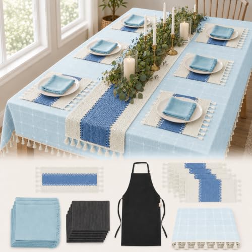 27 Pcs Blue Boho Table Linen Set for 6 with Tablecloth & Placemats - color: Blue