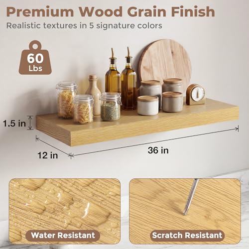Venusmiles 12 inch Deep Floating Shelves for Wall, 36" Wide, Oak, 2-Pack - color: Oak Finish, size: 36"w x 12"d, 2p