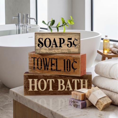 Moucuny 4 Pcs Rustic Bathroom Shelf Decor Wooden Block Signs, Farmhouse - style: Bathroom Price List