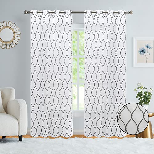 July Joy White Sheer Curtains 84 Inches Long Grey Moroccan Embroidered Grommet Semi Window Drapes for Living Room Bedroom, 2 Panels - color: Grey, size: 52"W x 84"L (Pack of 2)