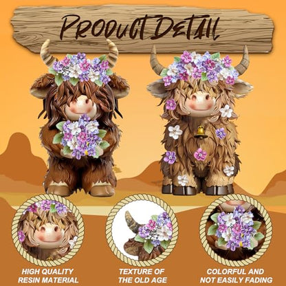 2 Pcs Resin Highland Cow Figurines Decor, Lilacs Theme - style: Lilacs