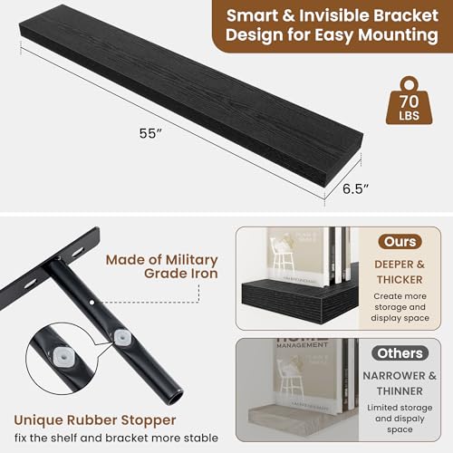 Floating Shelves for Wall, Wall Mounted Wood Shelves, Black, Set of 2, 55in - color: Black, size: 55"W x 6.5"D , 2 Pack