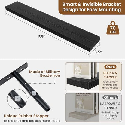 Floating Shelves for Wall, Wall Mounted Wood Shelves, Black, Set of 2, 55in - color: Black, size: 55"W x 6.5"D , 2 Pack