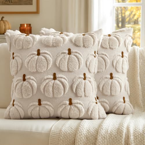 MIULEE Fall Pumpkin Pillow Covers Fall Decor Beige Brown Stem 18x18 - color: Beige Brown Stem, size: 18" x 18" (Pack of 2)