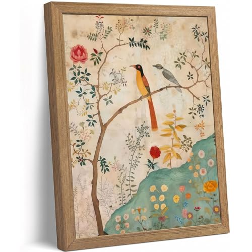DGBQMK Vintage Botanical Bird Wall Art, Natural Solid Wood Framed Floral Canvas Prints, Chinoiserie Nature Aesthetic Room Decor for Living Room Bedroom Bathroom, 12x16 inch - color: corlorbirds, size: 16"Lx12"W