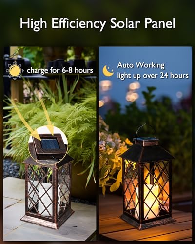 Homemory 2 Pack 13'' Bronze Solar Lanterns, Flickering Flame Hanging Lights - color: Copper