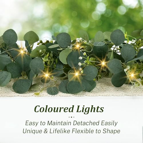 Eucalyptus Garland with Lights, 2 Packs 6FT Artificial Lighted Garland, Spring Summer Green Faux Garlands for Indoor Outdoor Home Decor Table Runner Wedding Arches Centerpieces Backdrops Decor