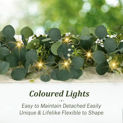 Eucalyptus Garland with Lights, 2 Packs 6FT Artificial Lighted Garland, Spring Summer Green Faux Garlands for Indoor Outdoor Home Decor Table Runner Wedding Arches Centerpieces Backdrops Decor