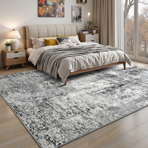 Living Room Area Rug 9x11 Rugs Modern Machine Washable Rug Non Slip Low Pile Large Abstract Rug for Living Room, Bedroom, Farmhouse, Dining Room, Black&Grey - color: Dark Grey, size: 9' x 11' (Rectangular)