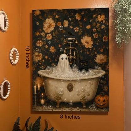 Halloween Wall Art Decor Ghost Black Cat Bubble Bath Canvas Print Framed - color: M