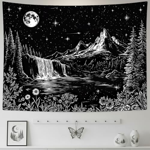 Accnicc Black and White Forest Mountain Tapestry 48x36 Inch - color: Black and White Waterfall, size: 48"L x 36"W