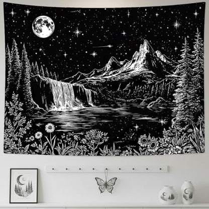 Accnicc Black and White Forest Mountain Tapestry 48x36 Inch - color: Black and White Waterfall, size: 48"L x 36"W
