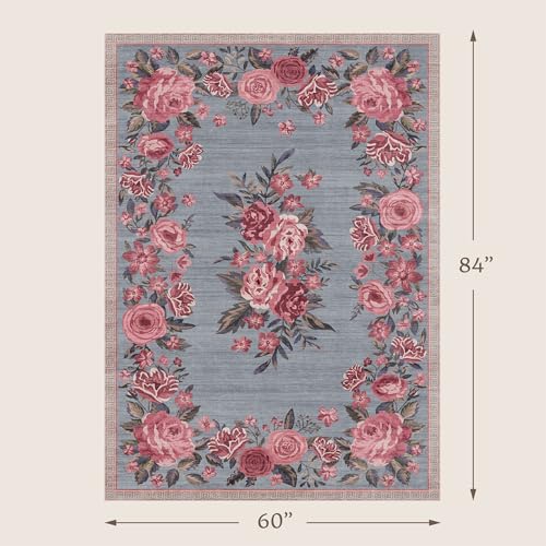 Washable Entryway Area Rug 5x7, Soft Non Slip Low Pile Bedroom Living Room Carpet, Pink Vintage Floral Rose Rug for Large Entryway, Stain Resistant Cottagecore Floor Mat - color: Vintage Blue & Rose, size: 5' x 7' (Rectangular)