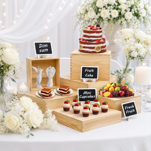 6 Pack Wooden Buffet Risers Cupcake Stand Buffet Display with Mini Signs - color: Beige, size: 6 Pcs