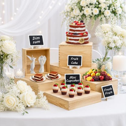 6 Pack Wooden Buffet Risers Cupcake Stand Buffet Display with Mini Signs - color: Beige, size: 6 Pcs