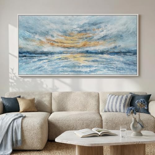 Extra Large Framed Blue Abstract Coastal Wall Art for Living Room, 36x72 In - color: Blue and Gold B, size: 72"L x 36"W