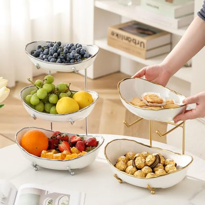 2-Tier Fruit Bowls for Kitchen Counter,Ceramic White Bowl with Gold Metal Stand,2 Tier Fruit Basket for Fruit,Snack,Cake,Nuts,Dessert Space Saving Storage - color: Gold&White
