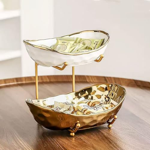 2-Tier Fruit Bowls for Kitchen Counter,Ceramic Bowl with Gold Metal Stand,2 Tier Fruit Basket for Fruit,Snack,Cake,Nuts,Dessert Space Saving Storage - color: Gold