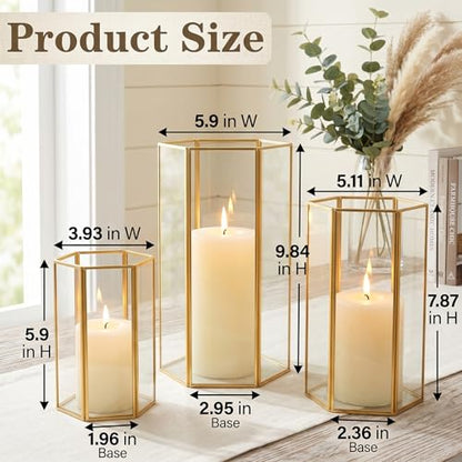 Gold Glass Hurricane Candle Holder Set of 3 Large Clear Hexagon Lanterns
