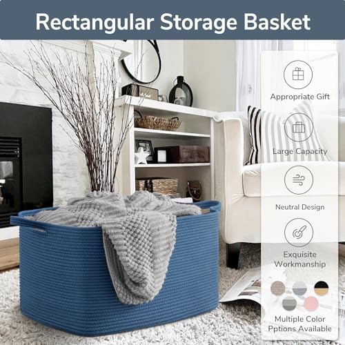 Goodpick Large Woven Rope Blanket Basket, Rectangle, Dark Blue - color: Dark Blue, size: Large(21.6"L x 14.9"W x 11.8"H)