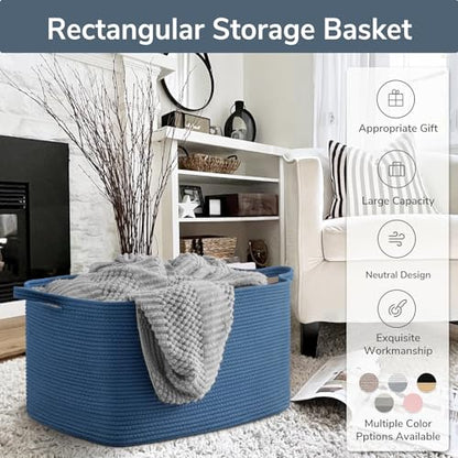 Goodpick Large Woven Rope Blanket Basket, Rectangle, Dark Blue - color: Dark Blue, size: Large(21.6"L x 14.9"W x 11.8"H)