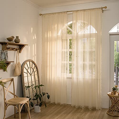 Sutuo Home 2 Panels Boho Curtains 96 Inches Length for Bedroom, Window Treatments Bohemian Sheer Crochet Lace Vintage Drapes Pair, Beige Geometry Knitted with Handmade Tassels Rod Pocket, 52" x 96" - color: Beige Geometry, size: 52"W x 96"L (Pack of 2)