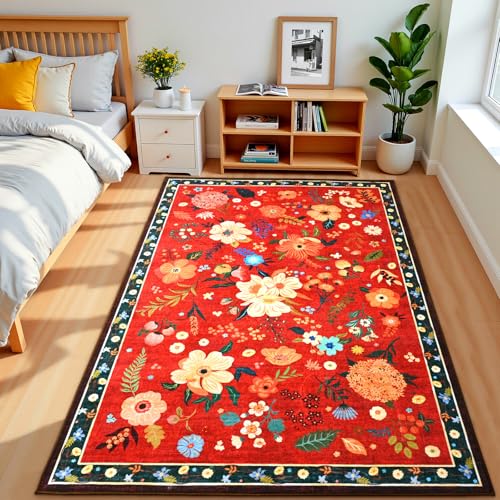 Terrug Floral Washable Area Rug for Bedroom, 3x5 Red Christmas Rug Boho Ultra-Thin Rugs for Entryway, Soft Non Slip Carpet Vintage Rug for Living Room, Kitchen, College Dorm, Dining Room, Nursery - color: Red, size: 3' x 5' (Rectangular)