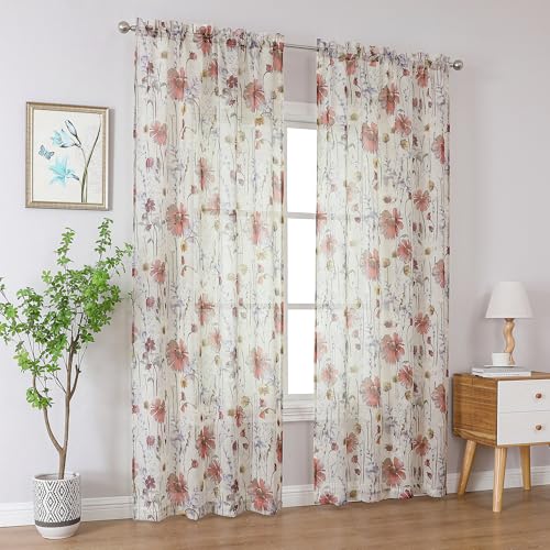 OWENIE Crushed Sheer Curtains 96 Inches Long 2 Panels Set, Sheer Floral Curtains Printed Drapes on Sheers for Living Room Bedroom, Rod Pocket Light Filtering Window Sheers (2 Panels, 51" x 96") - size: 51"W x 96"L (Pack of 2)