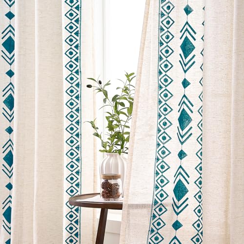 Blue Boho Sheer Linen Curtains 96 Inch for Living Room 2 Panels - color: Geometric-blue, size: 52"W x 96"L (Pack of 2)