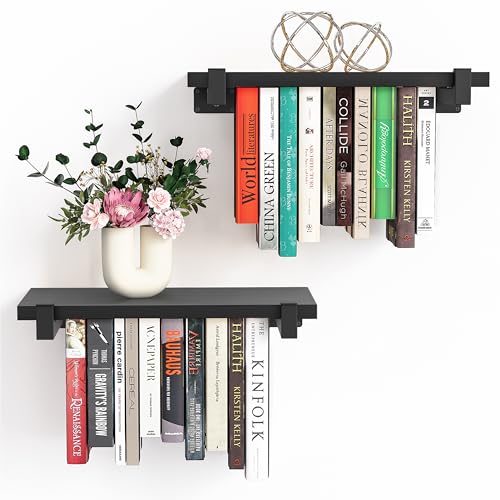 NANATI 2 Set of Floating Bookshelf, Pine Wood Invisible Bookshelf, Hanging Bookshelves for Wall, Unique Space Saving Wall Bookcase, New Black (16.5L×8.7W×1.5H) - size: 2 Set Pine Wood (Black)