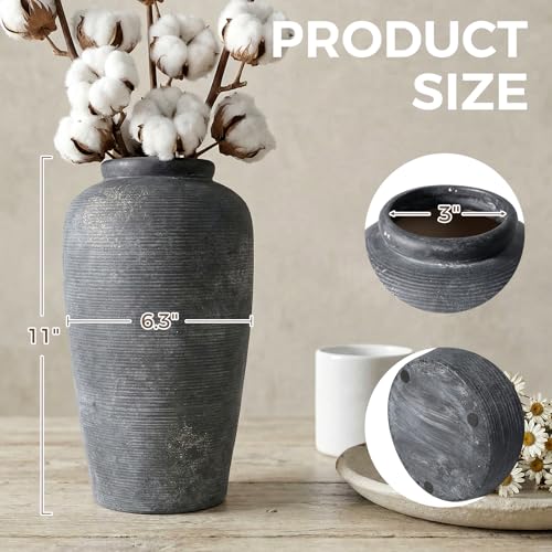Rustic Ceramic Distressed Vase, Handmade Terracotta Vases, Decorative Flower Vase for Centerpieces, Vintage Wabi Sabi Farmhouse Decor for Entryway (11'' Tall) - size: 11'' Tall