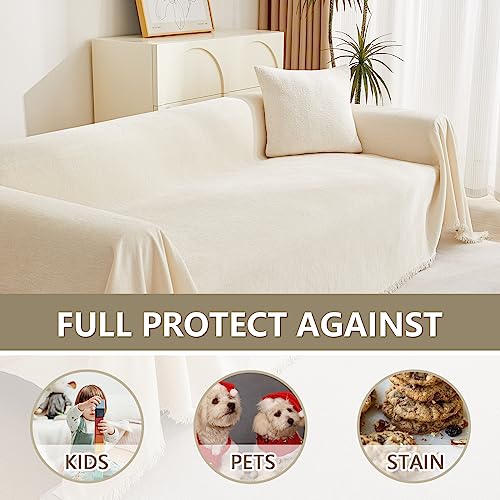 MYSKY HOME Beige Couch Covers Boho Style Chenille for 2 Cushion L-Shape Washable Couch Blanket with Tassel Pet Cushion Cover, 71" X102 - color: Tassels Edge-beige, size: 71" x 102"