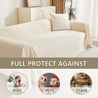 MYSKY HOME Beige Couch Covers Boho Style Chenille for 2 Cushion L-Shape Washable Couch Blanket with Tassel Pet Cushion Cover, 71" X102 - color: Tassels Edge-beige, size: 71" x 102"